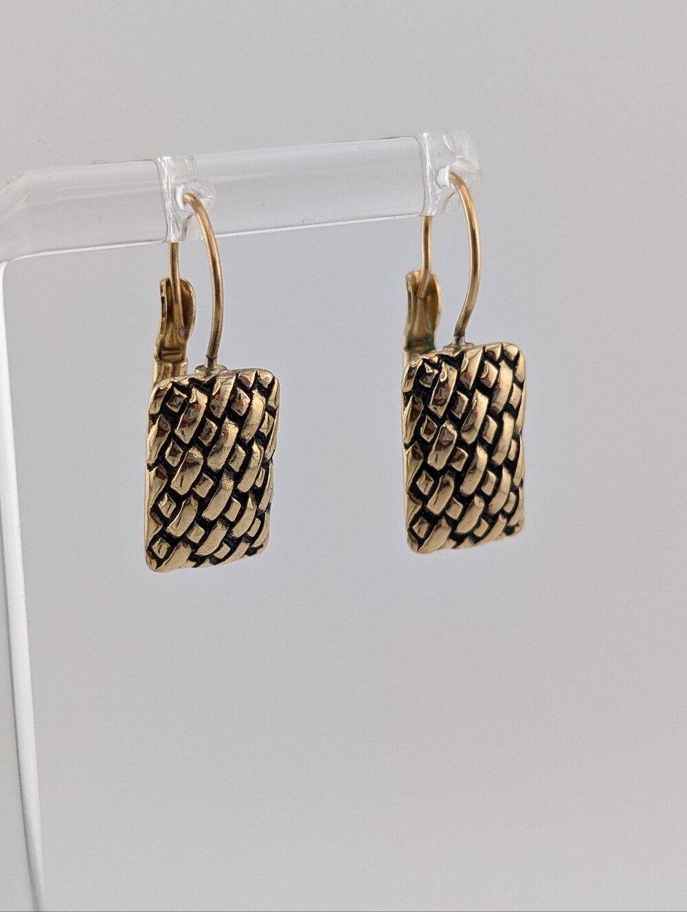 Gold Textured Basket Weave Rectangle Drop Dangle Leverback Earrings Minimalist